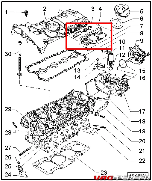 Ci dessous, une vue éclatée de la culasse du moteur 2.0 TSI
