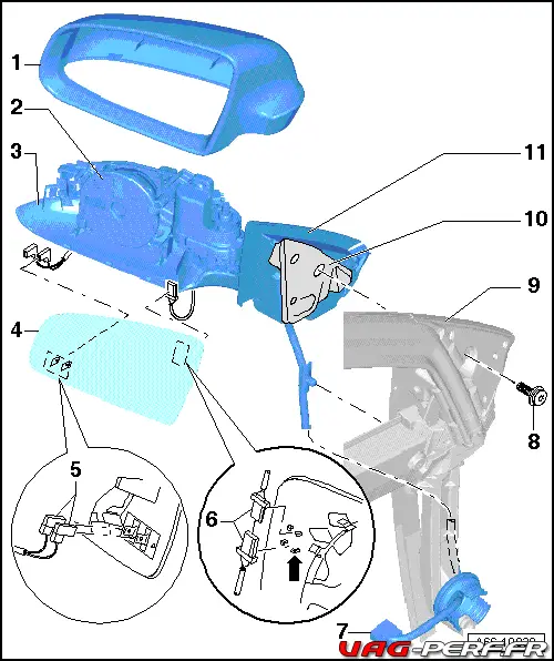 Vue d'ensemble du montage du boitier de rétroviseur AUDI A3 8P