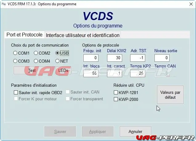 Options du programme VCDS