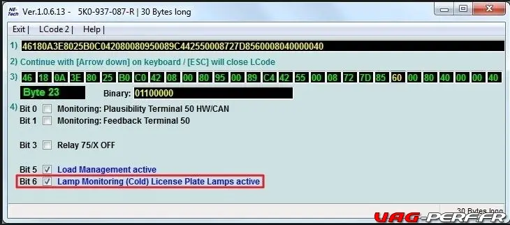 VAGCOM Lamp Monitoring (Cold) Licence Plate Lamps active