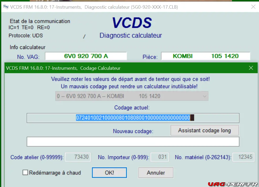 VAGCOM [17 - Instruments] - [Codage - 07] -- [Assistant Codage Long]