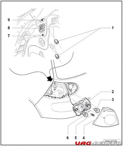 Vue éclatée du montage des Feux arrières de la VW Golf 5