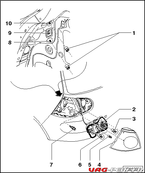 Vue éclatée du montage des Feux arrières de la VW Golf 5 (2005+)