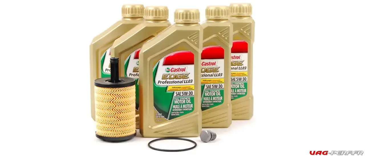 Le filtre à huile d'Origine VW/AUDI son joint et l'huile CASTROL 5W30 pour moteurs 1.9 / 2.0 TDI