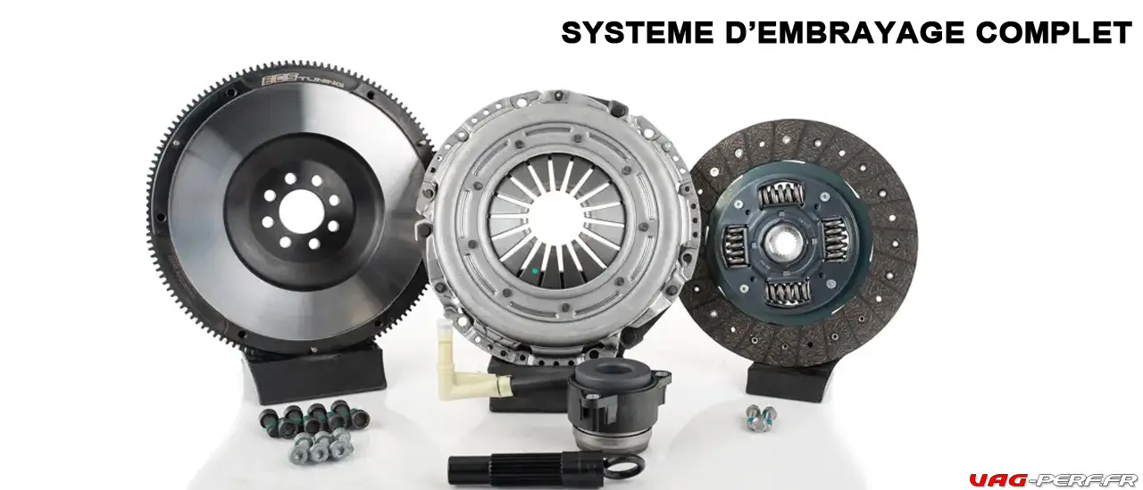 Un système d'Embrayage complet de Volkswagen Golf 7R : volant moteur, plaque de pression, disque d'embrayage, butée, visserie, centreur