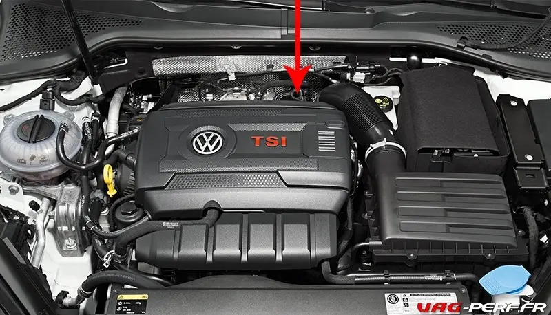 Localisation de la dump valve sur le moteur 1.8/2.0 TSI GEN3 qui équipe les Golf 7 Gti, S3 8V, TTS 8S, Golf 7R, Clubsport, Cupra 5F